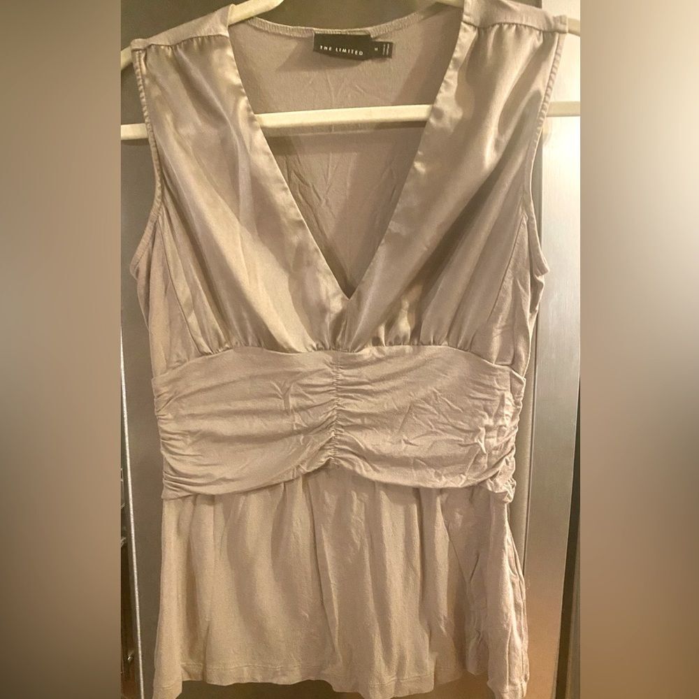 The Limited Taupe Mixed Materials V neck Elegant Sleeveless Top MED